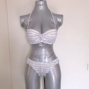 Chain link honey comb blue white print bikini  set swimwear holiday vacation